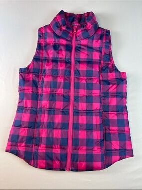 SO Girls Pink Navy Plaid Quilted Puffer Vest Sleeveless